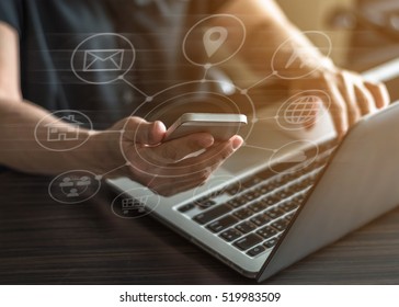 SEO Internet marketing e-commerce, online banking payment, and VOIP voice over internet protocol technology on mobile smart phone device all app via digital computer communication business service - Shutterstock ID 519983509