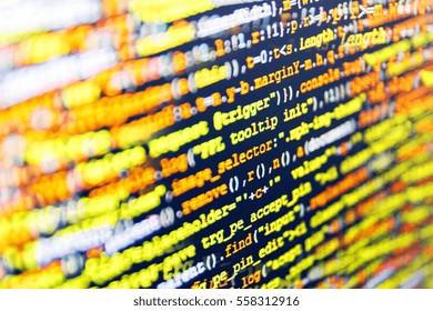 SEO optimization. Developer working on websites codes in office. Database bits access stream visualisation. Notebook closeup photo. Writing programming code on laptop. Computer code data. 
