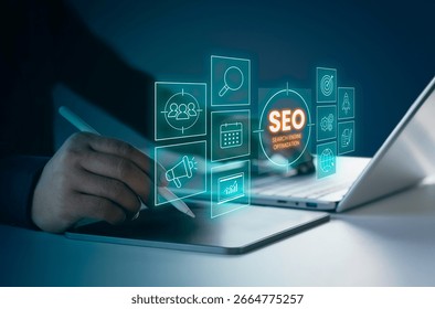 SEO optimization, marketing website analytics, ranking content, digital marketing, search engine, modern SEO strategy concept, business growth and improving online visibility through effective website