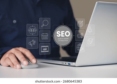 SEO optimization, marketing website analytics, ranking content, digital marketing, search engine, modern SEO strategy concept, business growth and improving online visibility through effective website