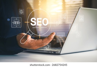 SEO optimization, marketing website analytics, ranking content, digital marketing, search engine, modern SEO strategy concept, business growth and improving online visibility through effective website