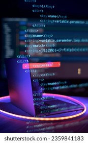 SEO optimization. Modern tech. PHP syntax highlighted. Writing programming functions on laptop. Big data and Internet of things trend.