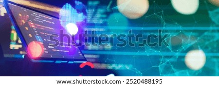 SEO optimization. Modern tech. PHP syntax highlighted. Writing programming functions on laptop
