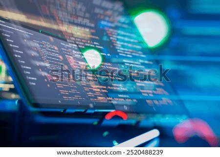 SEO optimization. Modern tech. PHP syntax highlighted. Writing programming functions on laptop