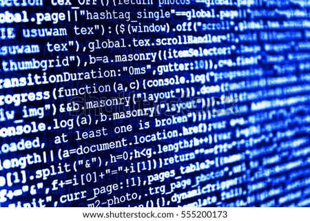 SEO optimization. Writing programming code on laptop. Javascript functions, variables, objects. PC software creation business. New technology revolution. Technology background. 
