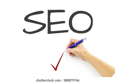 SEO optimization written by hand on white background. Search home page with search field. Technology, searching system and internet concept. Corporation specializing in Internet-related services.