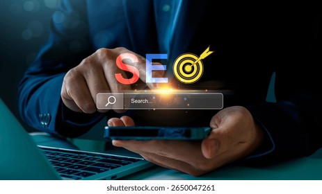 SEO Search Engine Analysis, Artificial Intelligence SEO Search Engine, businessman use SEO tools, dominate search engine rankings with strategic optimization techniques, digital marketing,
