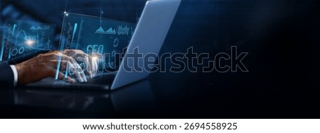 SEO (Search Engine Optimization): Businessman using laptop and analyzing SEO information on futuristic virtual interface screen, keyword research, content strategy, backlinking, on-page optimization.