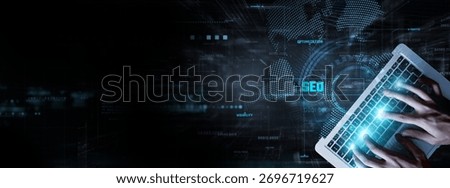 SEO (Search Engine Optimization): Businessman data analysis for performance and keyword ranking, backlink strategy, site speed, content optimization, user experience, and conversion rate.
