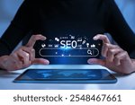 SEO Search Engine Optimization concept. The search bar shows SEO tools icons on your website with AI assistants, user analytics, content creation, and search algorithm improvements.