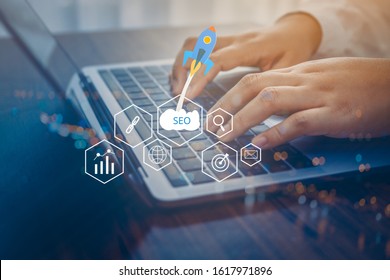 SEO Search Engine Optimization concept with laptop computer. ranking traffic on website, internet technology for business company. - Shutterstock ID 1617971896