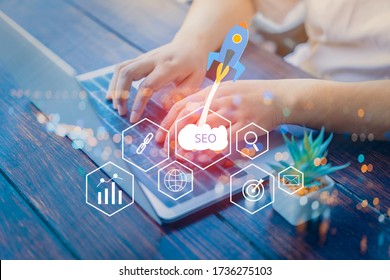 SEO Search Engine Optimization Concept With Laptop Computer. Ranking Traffic On Website, Internet Technology For Business Company.