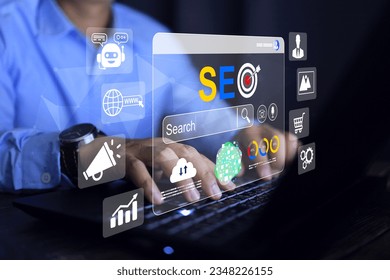 SEO search engine optimization concept, businessman working on laptop in office desktop with data analytic or customer journey on internet or e commerce online marketing platform to business strategy