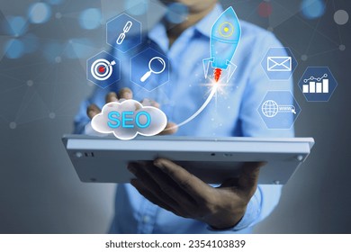 SEO search engine optimization concept, businessman working on data analytic or keyword of customer journey on smart phone e commerce online store marketing business strategy digital market planing.