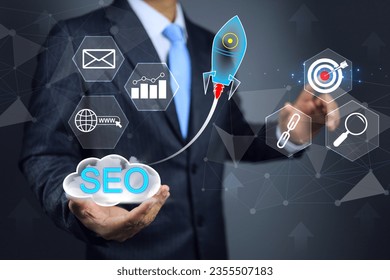 SEO search engine optimization concept, businessman working on data analytic or keyword of customer journey on search engine e commerce online store marketing business strategy digital market planing