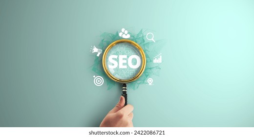 SEO Search Engine Optimization Concept: Boosting Website Ranking and Harnessing Internet Technology for Business Success, Magnifier focus to Digital marketing icon.