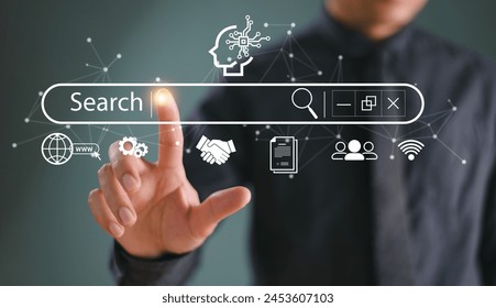 SEO Search Engine Optimization concept. Businessman touch AI, SEO icon on websites to rank search engines or SEO. Search with Ai assistant, search on screen. Artificial Intelligence data technology