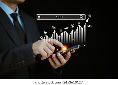 SEO, Search Engine Optimization concept. Businessman search with Ai assistant, search job on virtual screen, search engine optimization. Artificial Intelligence data technology for digital marketing 