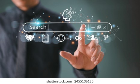 SEO Search Engine Optimization concept. Businessman touch AI, SEO icon on websites to rank search engines or SEO. Search with Ai assistant, search on screen. Artificial Intelligence data technology
