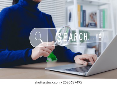 SEO search engine optimization concept. Woman using laptop, holding magnifying glass, symbolizing online search and SEO. Search bar represents internet browsing, keyword analysis, digital marketing,