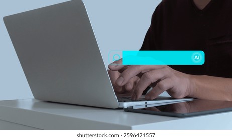 SEO Search Engine Optimization concept. Businessman touch AI, SEO icon on websites to rank search engines or SEO. Search with Ai assistant, search on screen. Artificial Intelligence data technology