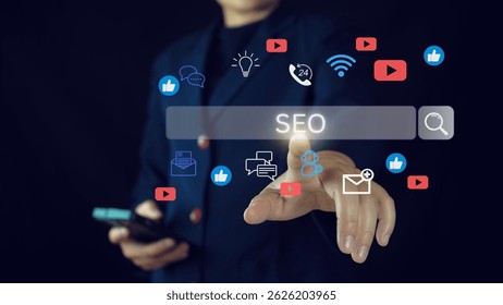 Conceito de otimização do mecanismo de pesquisa SEO. Análises de usuários dos assistentes de IA e melhorias no algoritmo de pesquisa.
