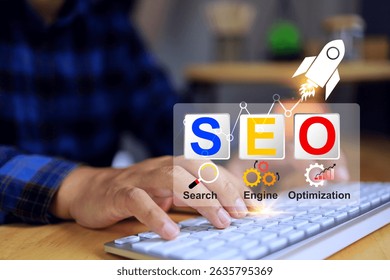SEO search engine optimization concept with programmer working on computer for keyword strategy commercial website with rocket icon riseup to increase access customer segment target group