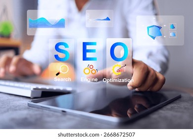SEO or search engine optimization concept with a businessman improve a website's visibility so that it appears higher on search engines leading to more users finding and visiting the site