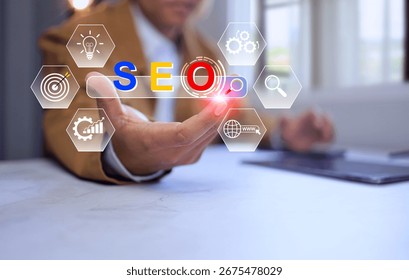 SEO search engine optimization concept with programmer hand holding keyword strategy commercial website to increase access customer target group