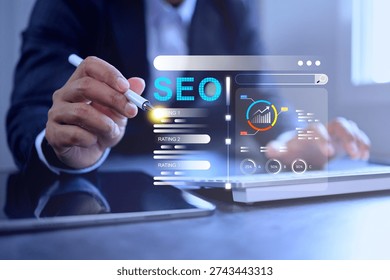 SEO search engine optimization concept with businessman working on computer for keyword strategy commercial website traffic with graph rising up to increase access customer segment target group
