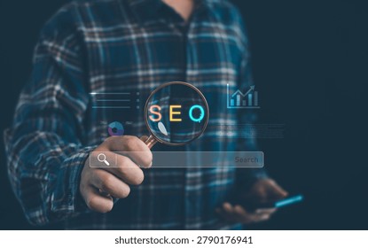 SEO search engine optimization concept with digital marketing analytics, keyword research, website ranking, online visibility, data analysis and business growth strategy.