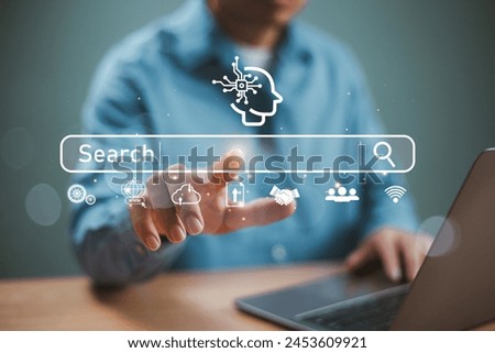 SEO, Search Engine Optimization concept. Businessman search with Ai assistant, search job on virtual screen, search engine optimization. Artificial Intelligence data technology for digital marketing 