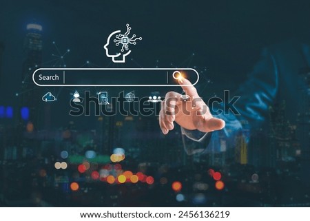 SEO Search Engine Optimization concept. Businessman touch AI, SEO icon on websites to rank search engines or SEO. Search with Ai assistant, search on screen. Artificial Intelligence data technology
