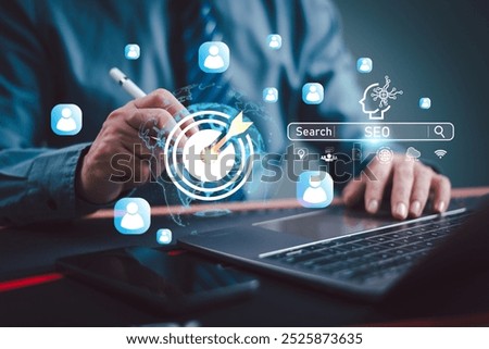 SEO Search Engine Optimization concept. Businessman use AI target icon, SEO website to rank search engines or SEO. Search with Ai assistant on computer screen. Artificial Intelligence data technology