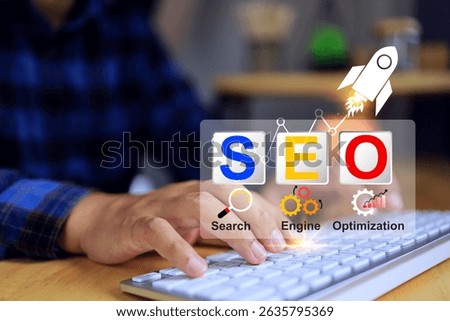 SEO search engine optimization concept with programmer working on computer for keyword strategy commercial website with rocket icon riseup to increase access customer segment target group