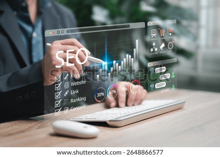 SEO, Search Engine Optimization Concept, Businessman summarize the important topics of the SEO tool digital marketing Optimizing your website, Search engine results first, Content Search strategies