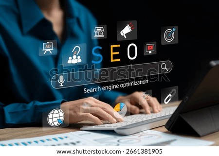 SEO Search Engine Optimization Concept, Businesswomen use SEO tool, Digital marketing strategy, Website ranking, Keyword research, Traffic growth, Online visibility business, AD, Digital marketing