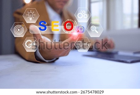 SEO search engine optimization concept with programmer hand holding keyword strategy commercial website to increase access customer target group