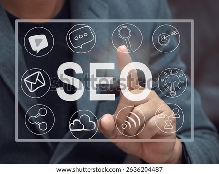 SEO. Search Engine optimization. Digital online marketing andInetrmet technology concept. Business hands at work with financial reports Links Global Hyperlink search engine optimization .