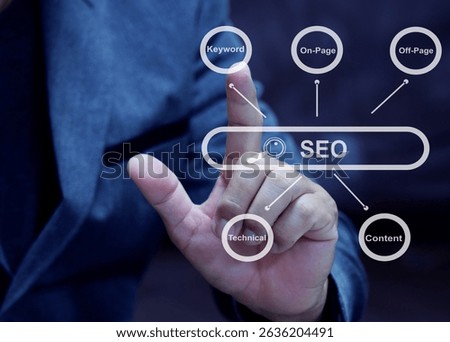 SEO. Search Engine optimization. Digital online marketing andInetrmet technology concept. Business hands at work with financial reports Links Global Hyperlink search engine optimization .