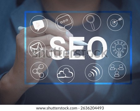 SEO. Search Engine optimization. Digital online marketing andInetrmet technology concept. Business hands at work with financial reports Links Global Hyperlink search engine optimization .