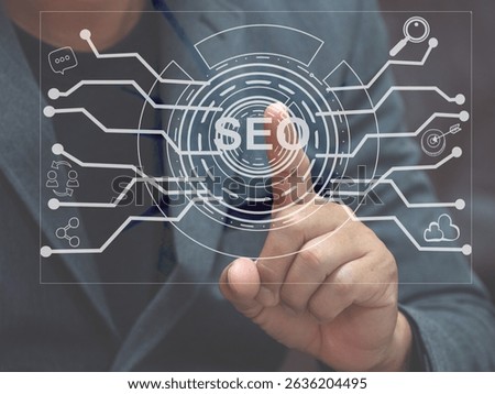 SEO. Search Engine optimization. Digital online marketing andInetrmet technology concept. Business hands at work with financial reports Links Global Hyperlink search engine optimization .