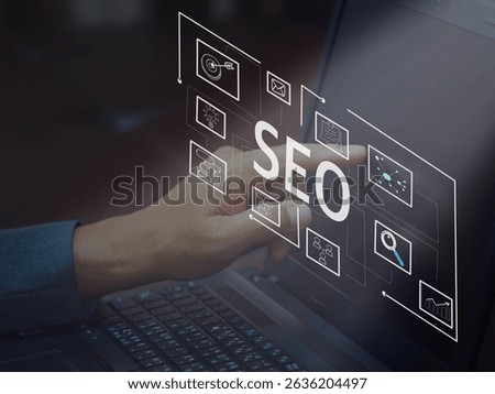 SEO. Search Engine optimization. Digital online marketing andInetrmet technology concept. Business hands at work with financial reports Links Global Hyperlink search engine optimization .