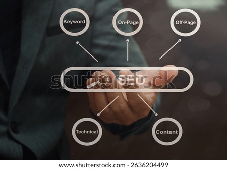 SEO. Search Engine optimization. Digital online marketing andInetrmet technology concept. Business hands at work with financial reports Links Global Hyperlink search engine optimization .