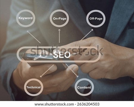 SEO. Search Engine optimization. Digital online marketing andInetrmet technology concept. Business hands at work with financial reports Links Global Hyperlink search engine optimization .