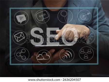 SEO. Search Engine optimization. Digital online marketing andInetrmet technology concept. Business hands at work with financial reports Links Global Hyperlink search engine optimization .