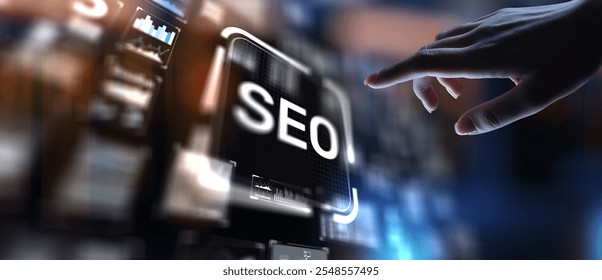 SEO Search Engine Optimization Enhancing Online Visibility, projection on a virtual screen, Business and Technology Concept.