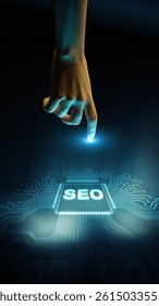 SEO Search Engine Optimization Enhancing Online Visibility and Traffic Technology Concept Illustrated on Processor.