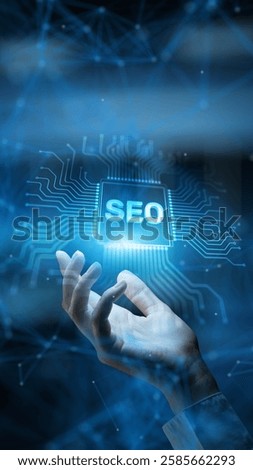 SEO Search Engine Optimization Enhancing Online Visibility and Traffic Technology Concept Illustrated on Processor.