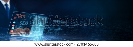 SEO (Search Engine Optimization): Keyword research, on-page optimization, link building, content strategy, analytics, ranking improvements. Businessman data analysis for performance SEO network.